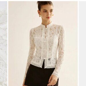 Frog Closure Lace Mandarin Collar Blouse, Size Large (Fits Medium)